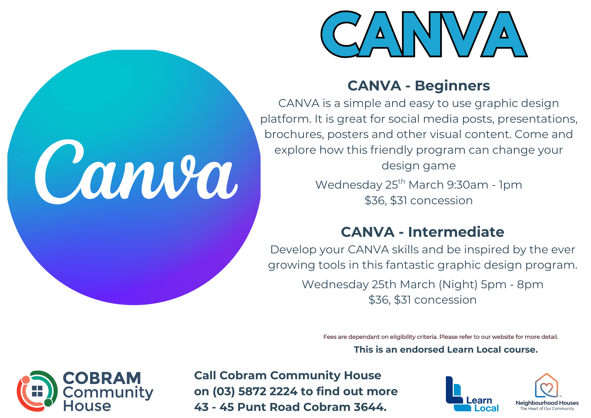 Image showing the Canva logo and information about he courses offered
